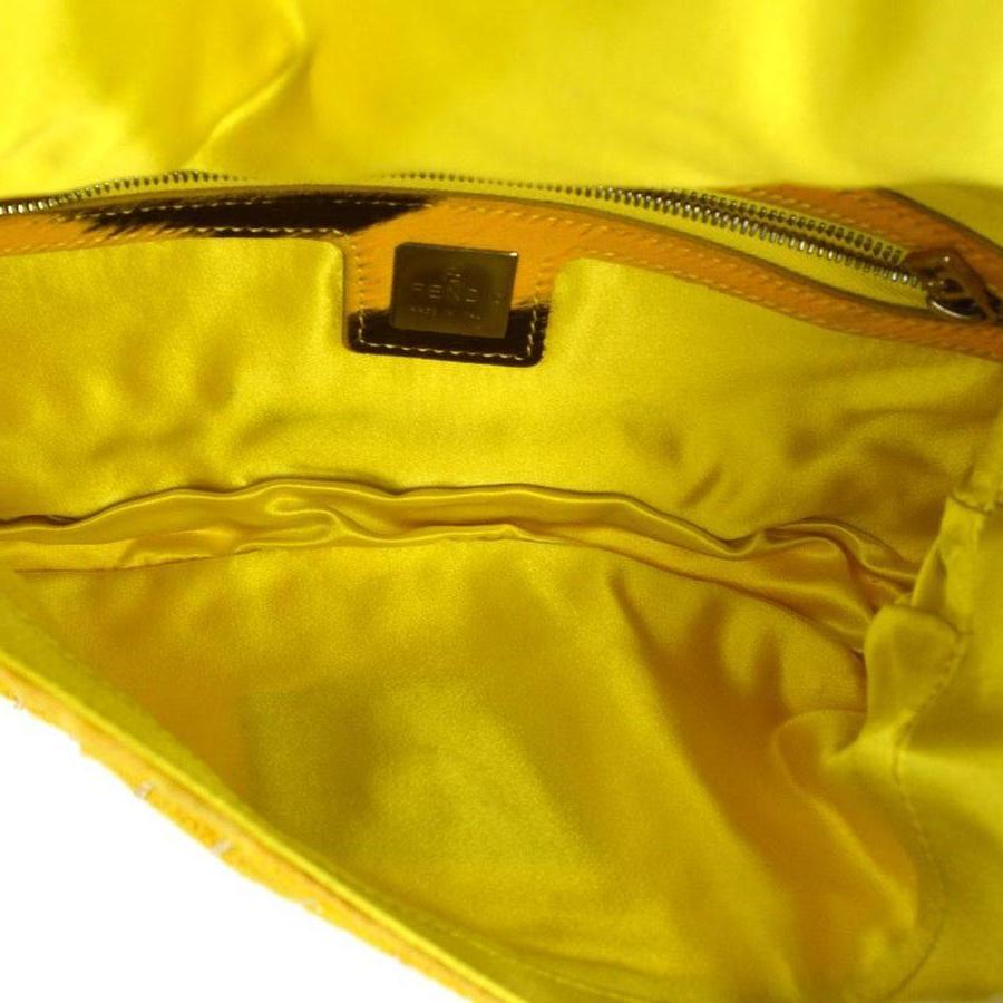 Women's Fendi Yellow Ponyhair Beaded Silver Logo Top Handle Pochette Shoulder Flap Bag