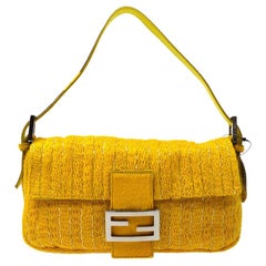 Fendi Yellow Ponyhair Beaded Silver Logo Top Handle Pochette Shoulder Flap Bag