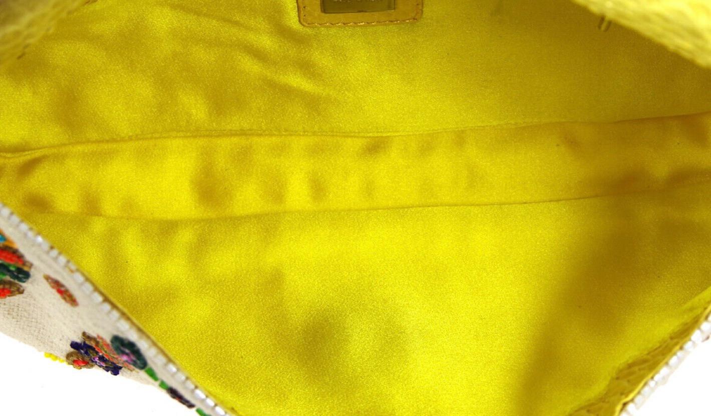 Beige Fendi Yellow Python Multi Flower Bead Floral Baguette Evening Shoulder Flap Bag