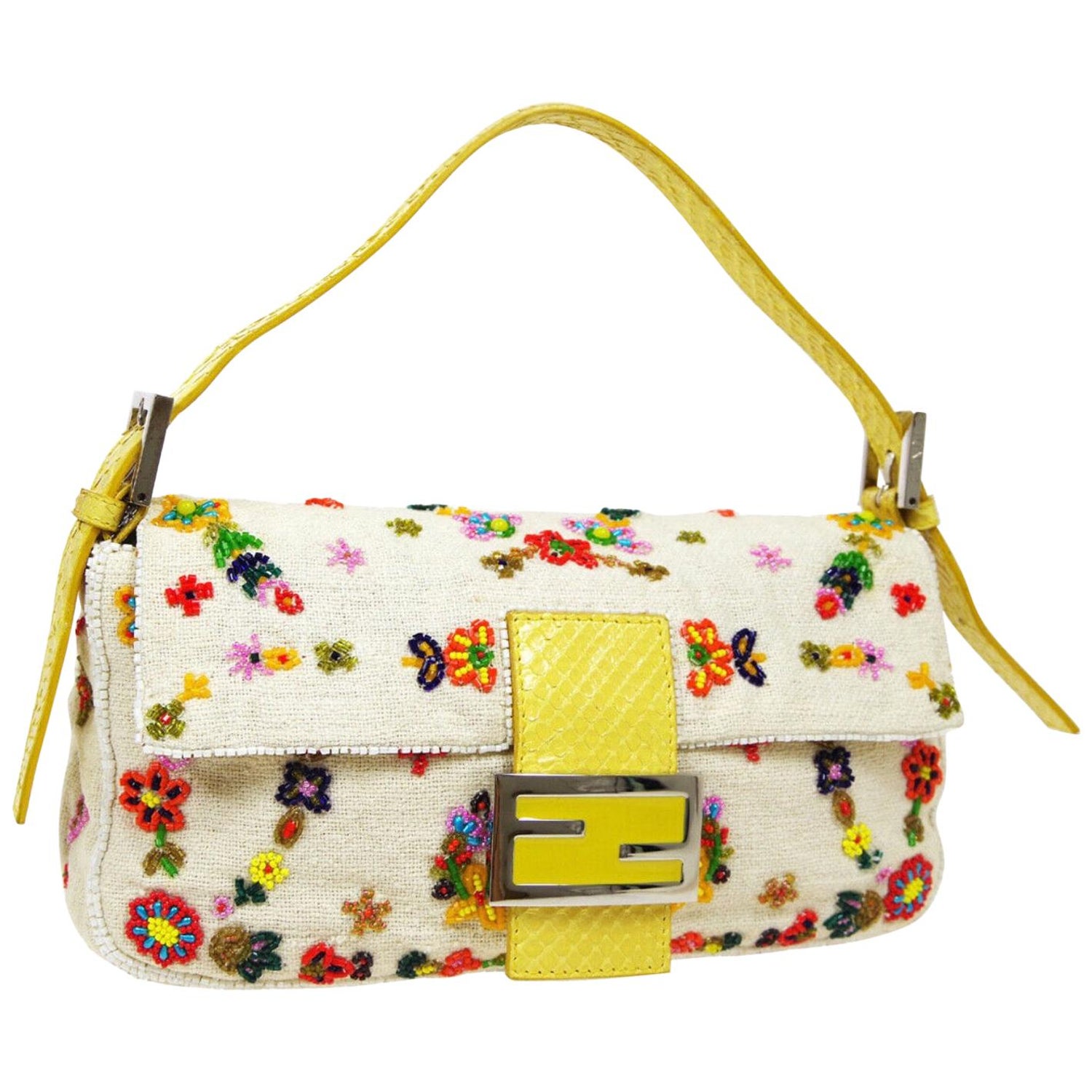 Fendi Yellow Python Multi Flower Bead Floral Baguette Evening Shoulder Flap  Bag at 1stDibs | fendi flower bag, fendi floral bag, fendi floral baguette