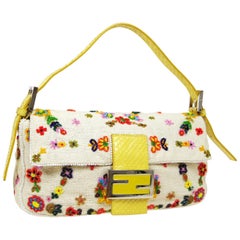 Fendi Yellow Python Multi Flower Bead Floral Baguette Evening Shoulder Flap Bag