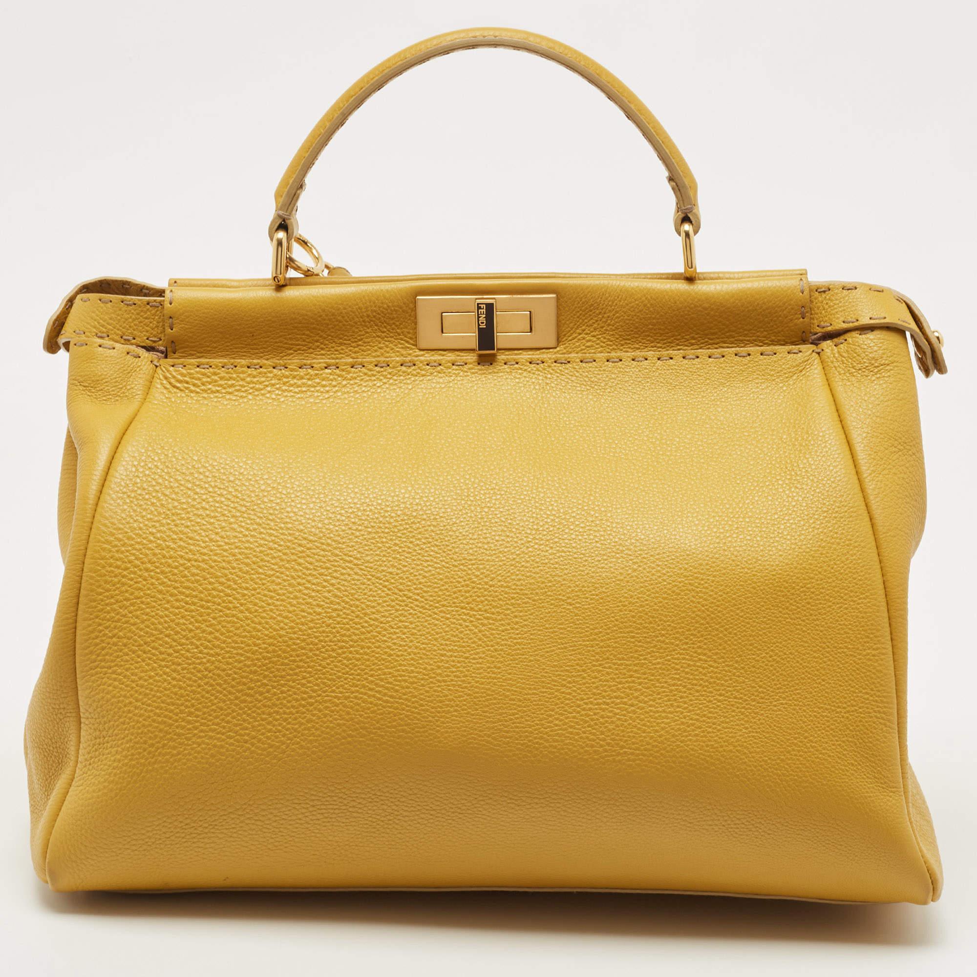 Fendi Yellow Selleria Leather Large Peekaboo Top Handle Bag In Good Condition In Dubai, Al Qouz 2