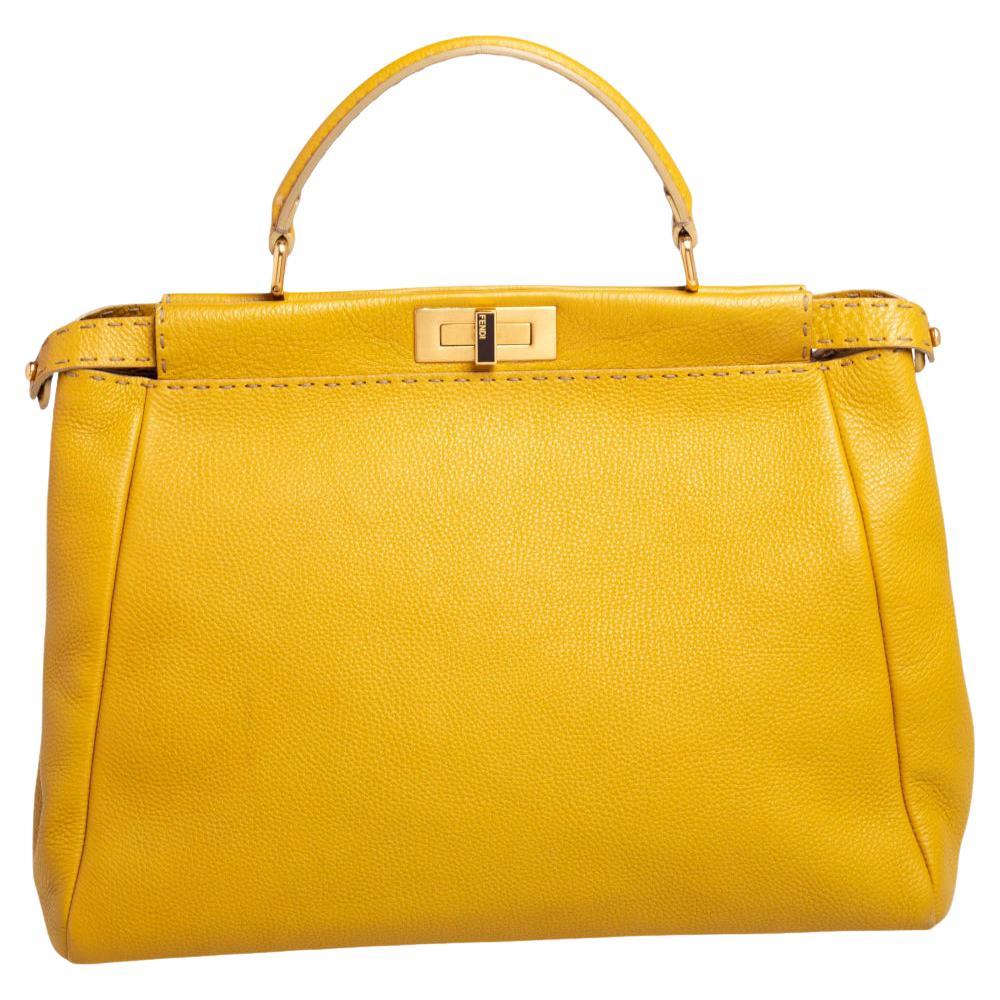 Fendi Yellow Selleria Leather Large Peekaboo Top Handle Bag