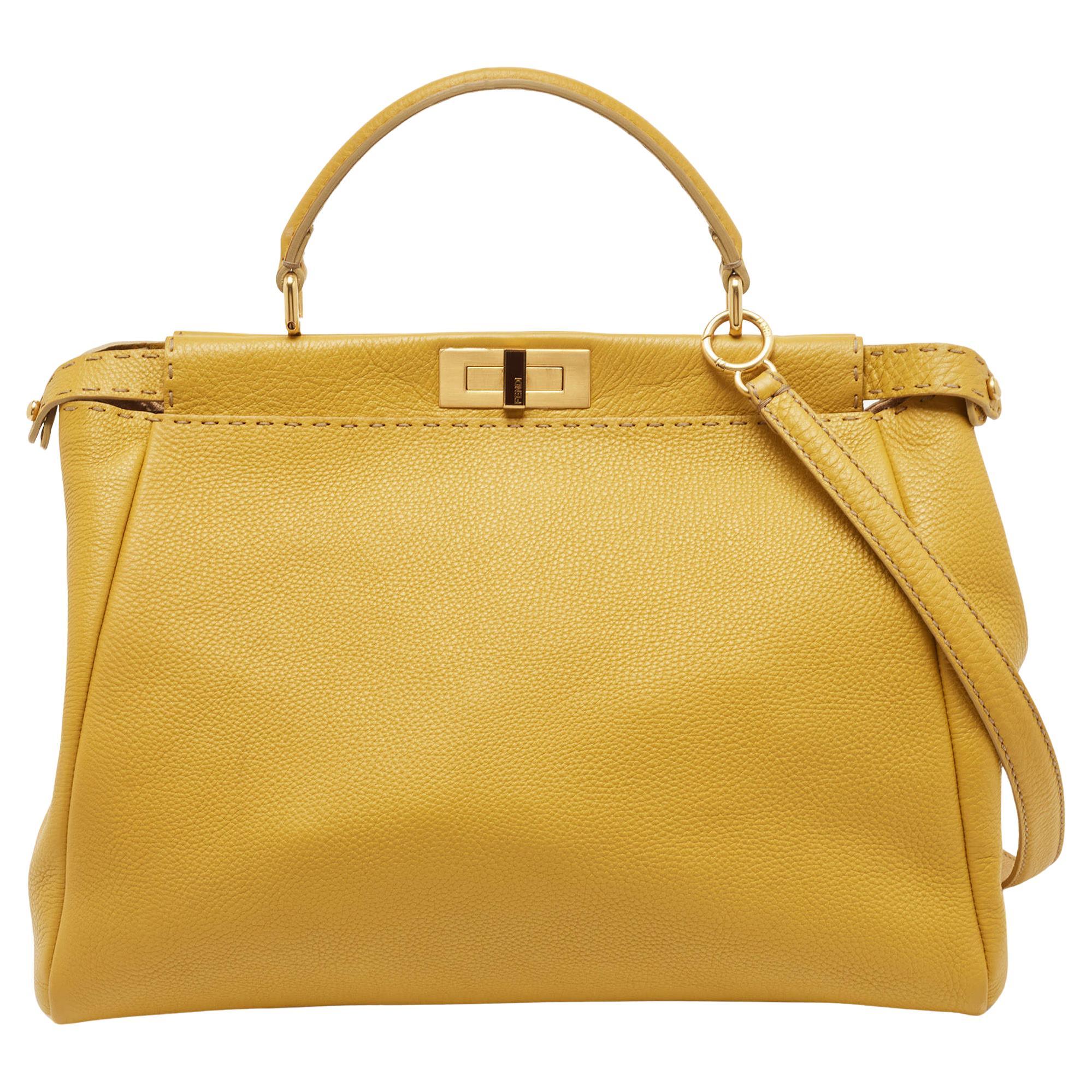 Fendi Yellow Selleria Leather Large Peekaboo Top Handle Bag