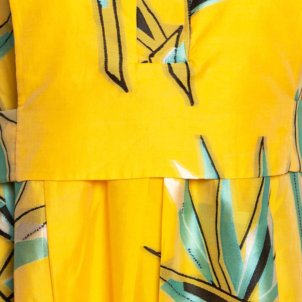 Fendi Yellow Silk Jacquard Birds of Paradise Flower Dress M In Good Condition For Sale In Dubai, Al Qouz 2