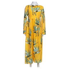 Used Fendi Yellow Silk Jacquard Birds of Paradise Flower Dress M