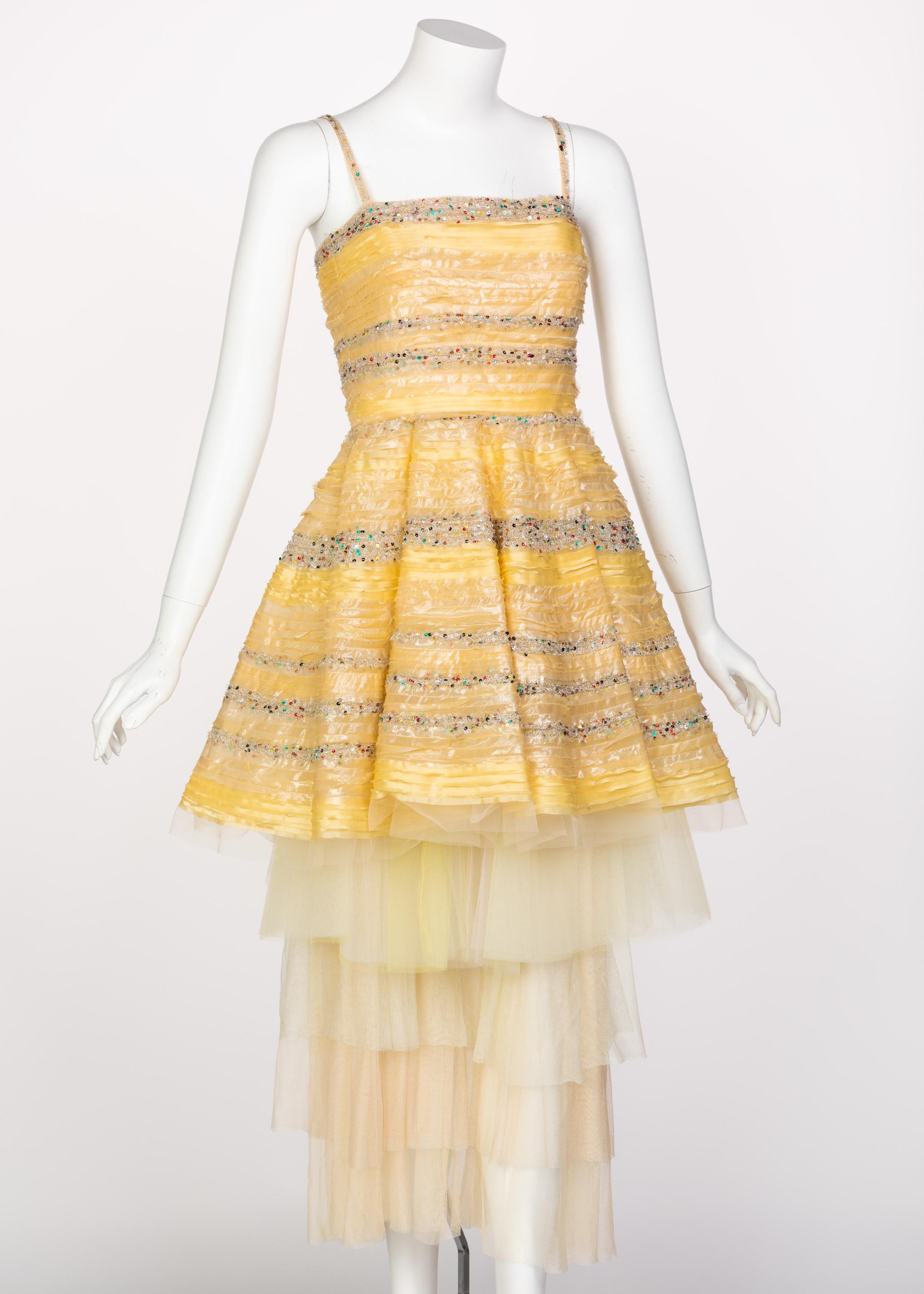 Fendi Gelbe Seide Pailletten Tüll Kleid + Petticoat Set Runway 2008 (Beige)