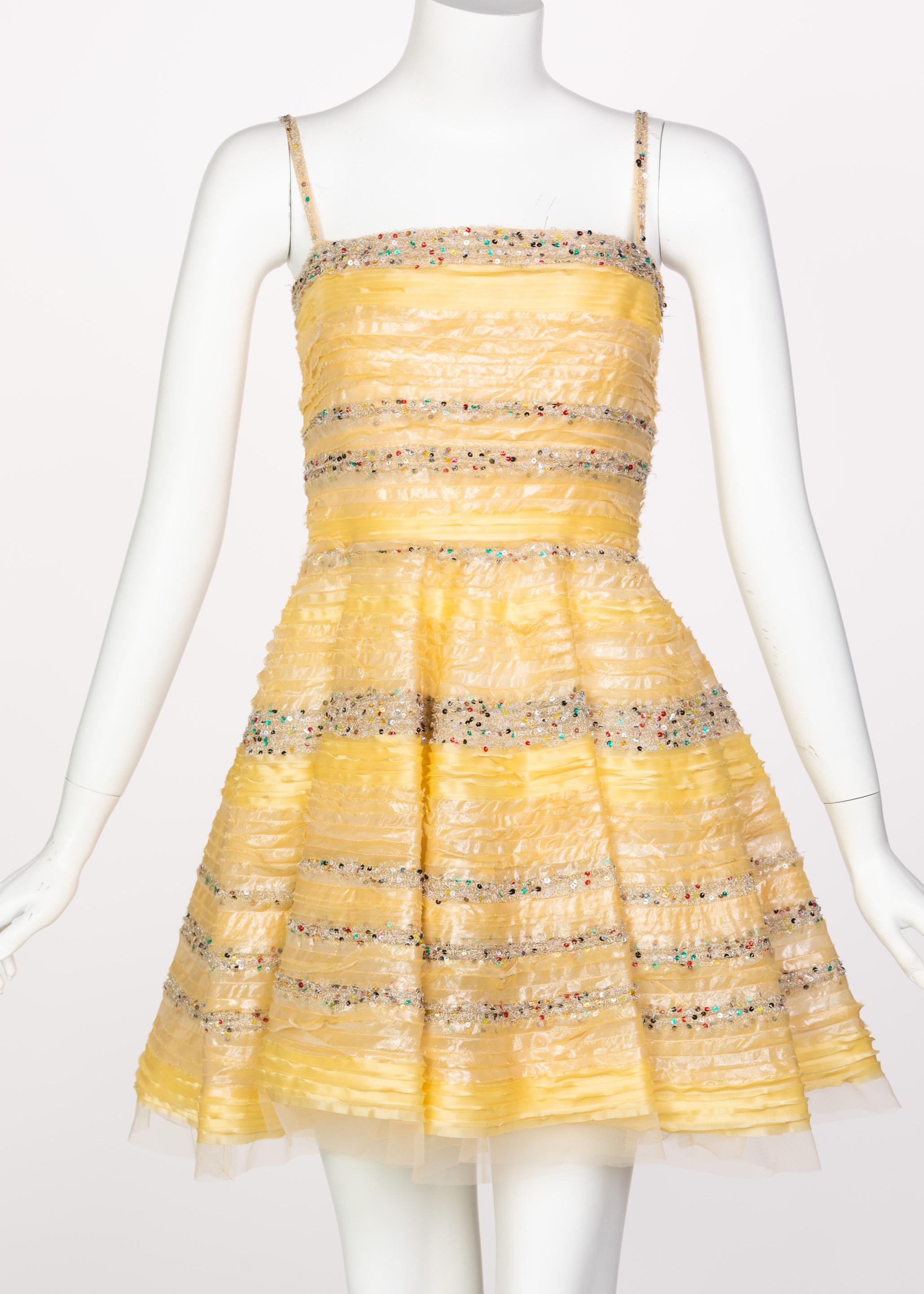 Beige Fendi Yellow Silk Sequins Tulle Dress + Petticoat Set Runway 2008