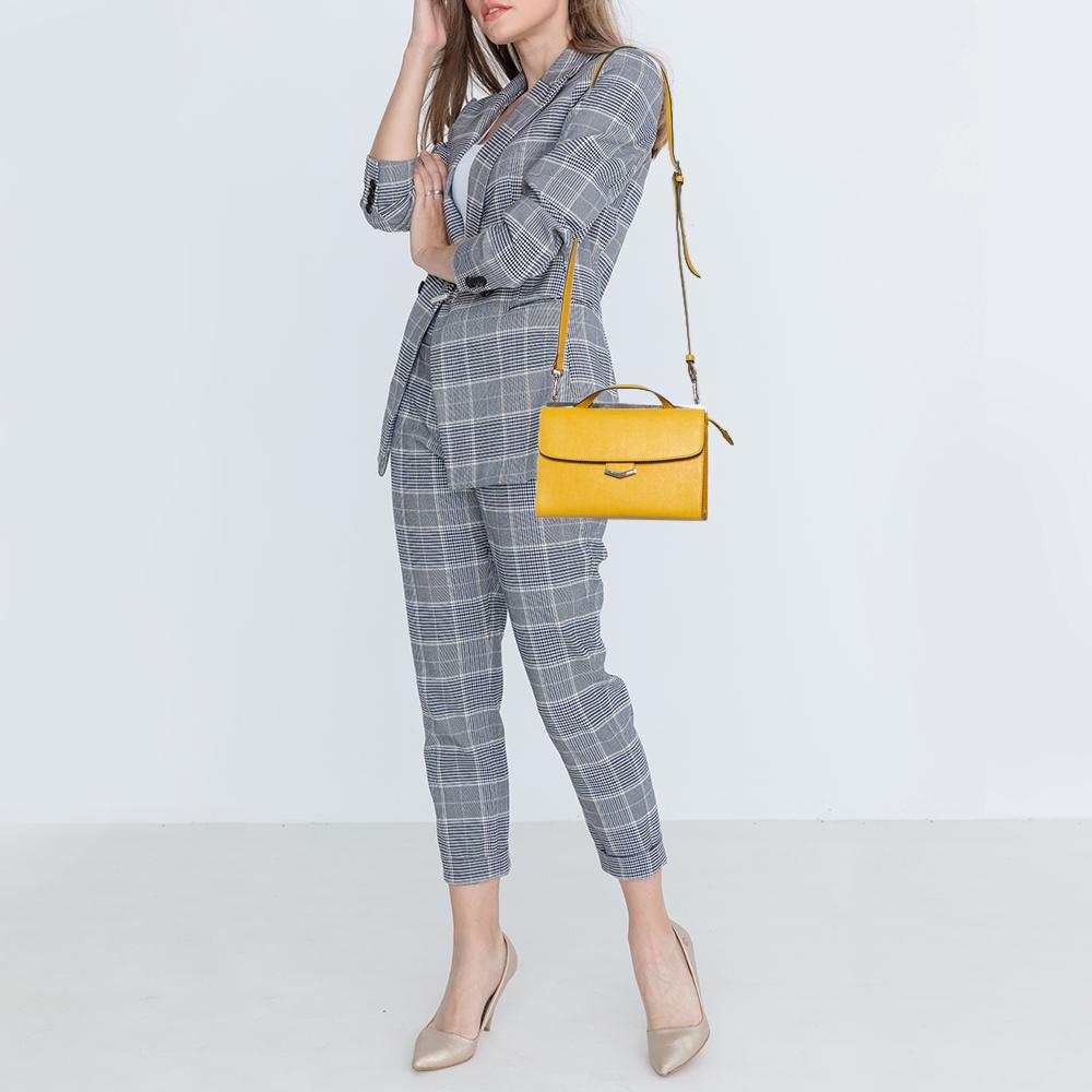 Fendi Yellow Textured Leather Mini Demi Jour Top Handle Bag In New Condition In Dubai, Al Qouz 2