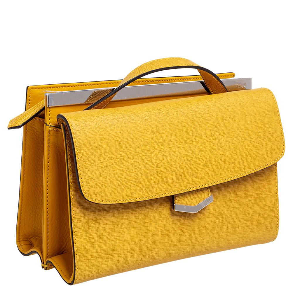 Women's Fendi Yellow Textured Leather Mini Demi Jour Top Handle Bag