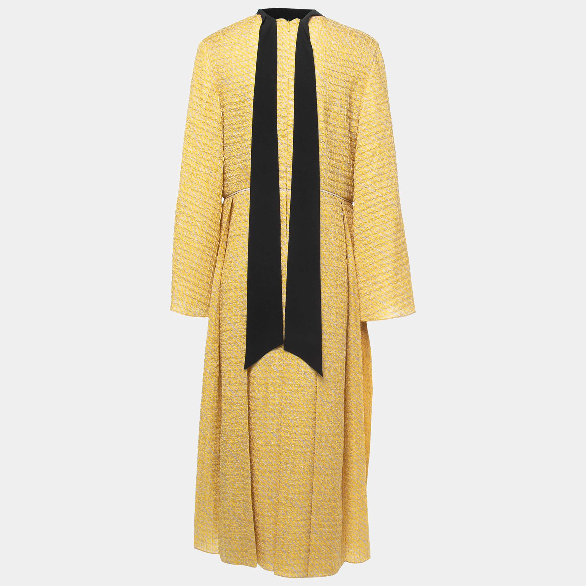 Women's Fendi Yellow Textured Silk Collar Tie Midi Dress 