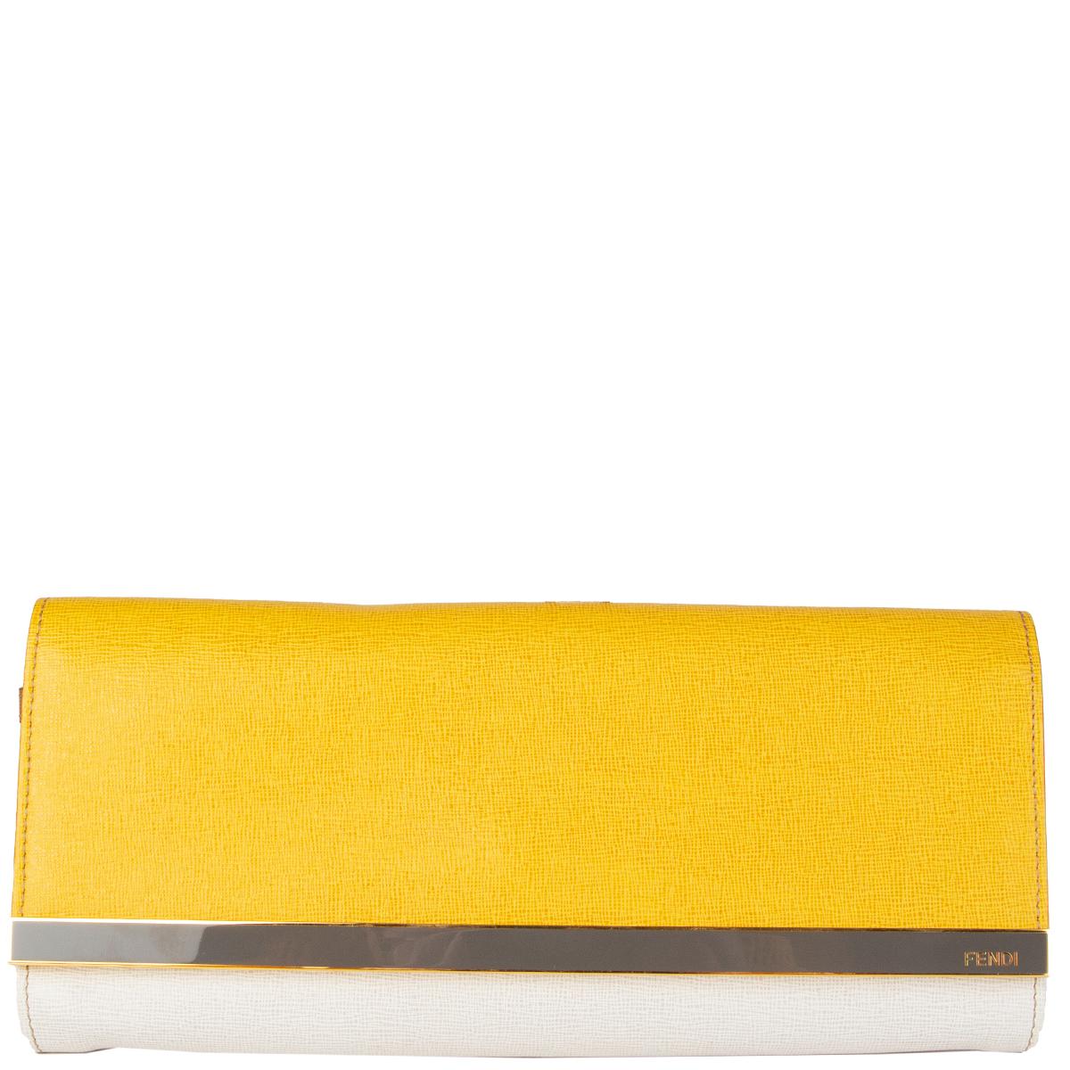 Fendi colorblock wristlet clutch in yellow, white, grey and beige Saffiano leather.Opens with a magnetic button under the flap and is lined in monogram canvas with a zipper pocket in the middle. Has been carried and is in excellent condition. 