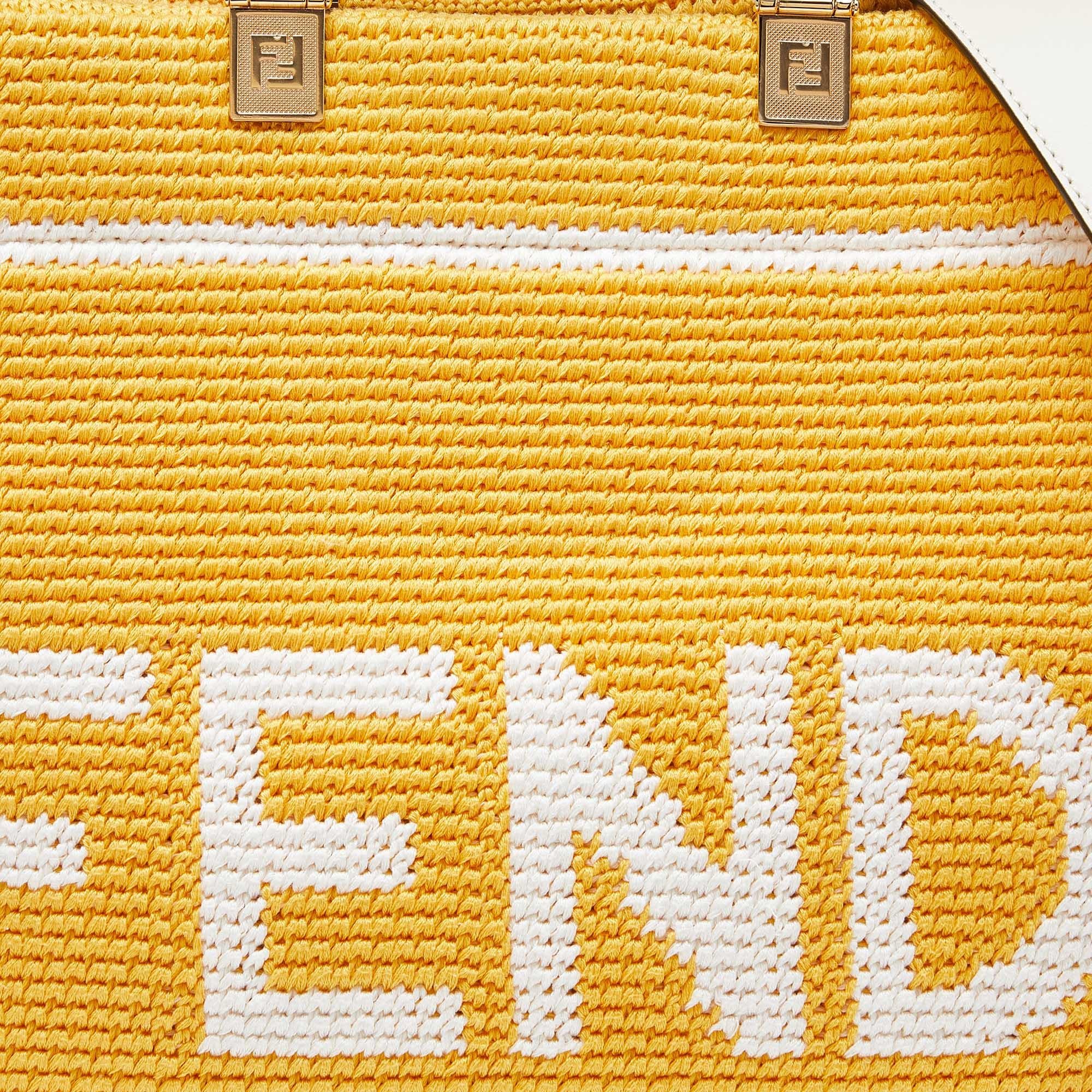 Fendi Yellow/White Crochet and Leather Medium Sunshine Tote For Sale 6