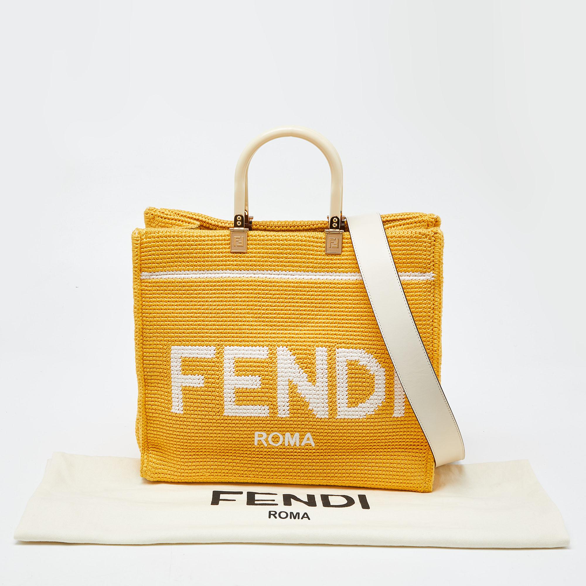 Fendi Yellow/White Crochet and Leather Medium Sunshine Tote For Sale 8