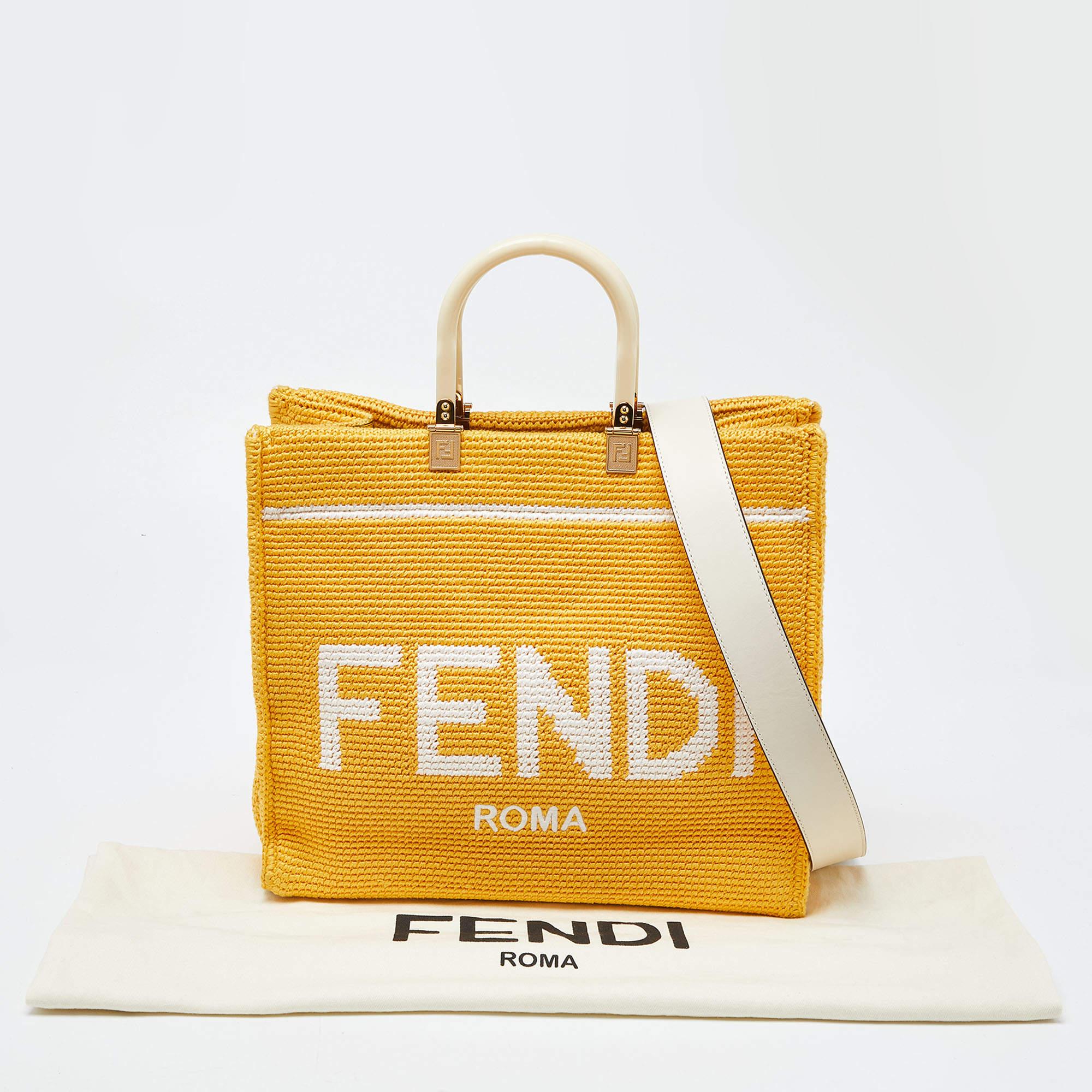 Fendi Yellow/White Crochet and Leather Medium Sunshine Tote 7