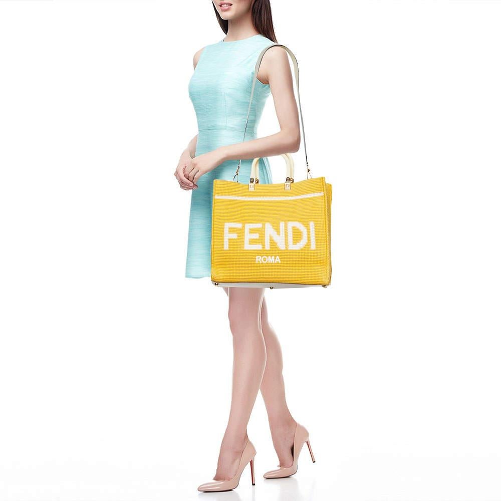 Orange Fendi Yellow/White Crochet and Leather Medium Sunshine Tote