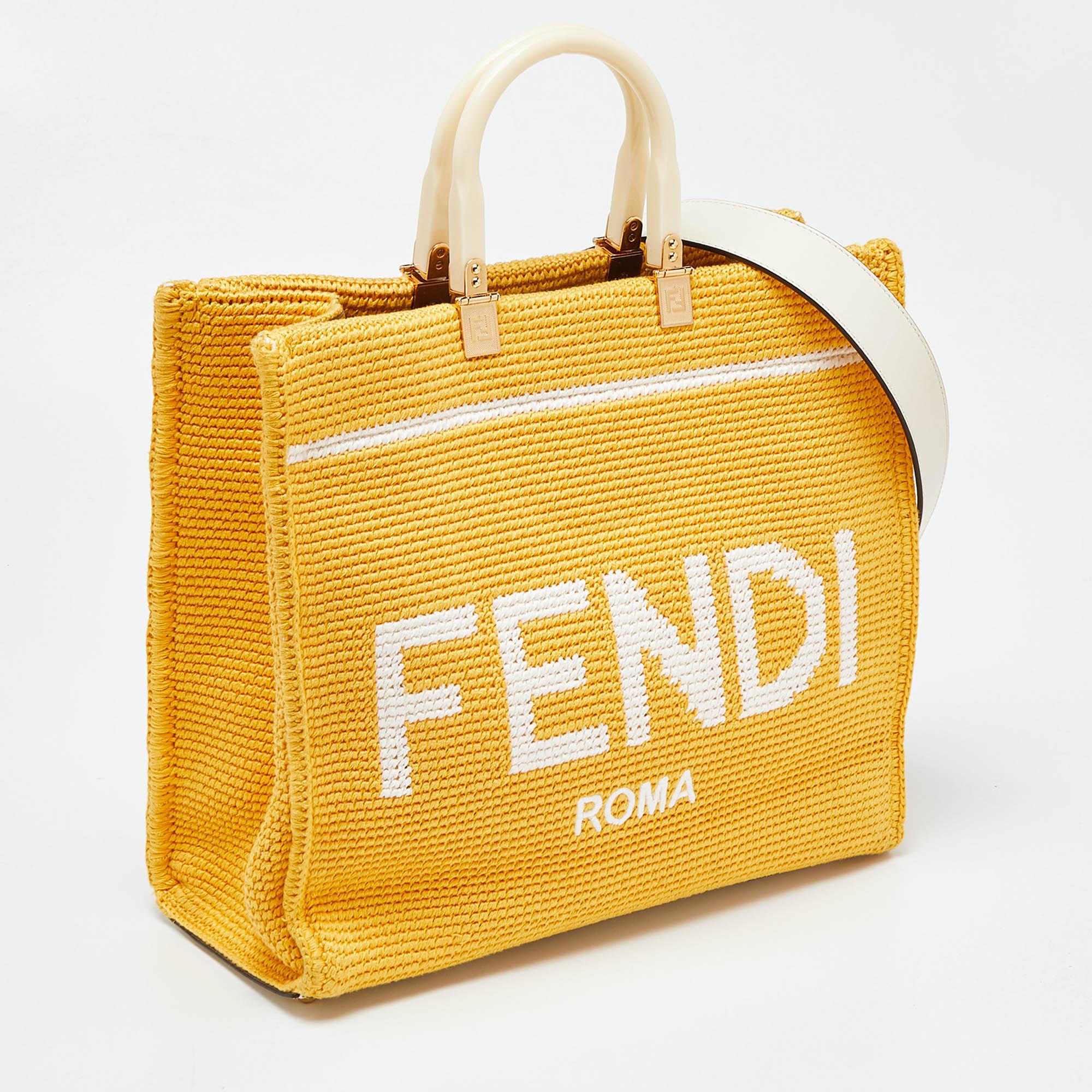 Fendi Yellow/White Crochet and Leather Medium Sunshine Tote For Sale 3