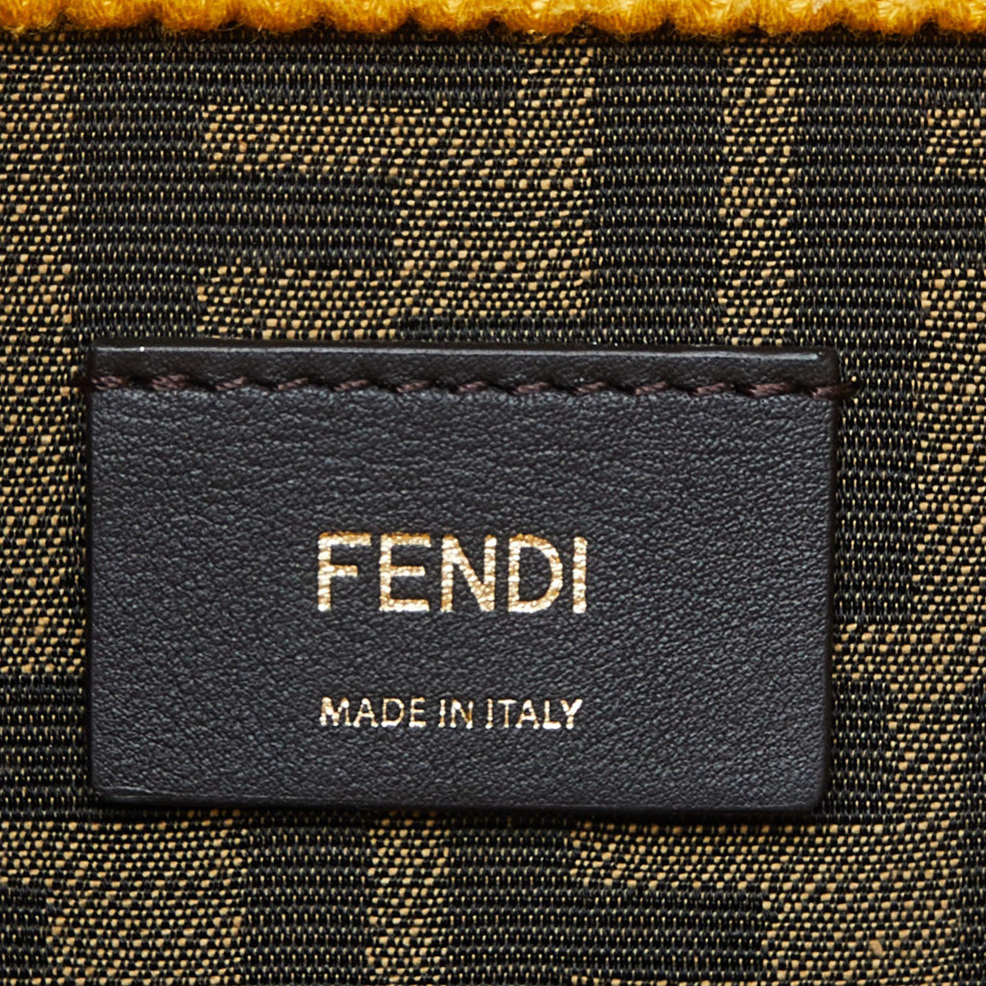 Fendi Yellow/White Crochet and Leather Medium Sunshine Tote For Sale 4