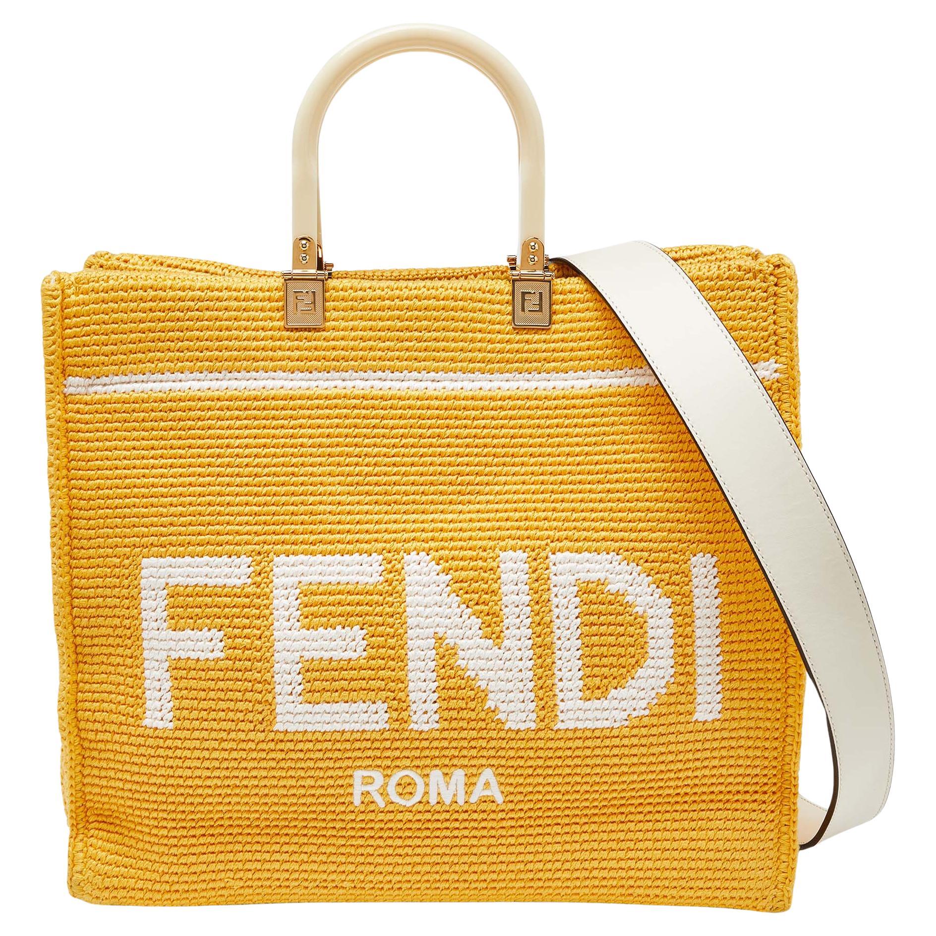 Fendi Yellow/White Crochet and Leather Medium Sunshine Tote For Sale