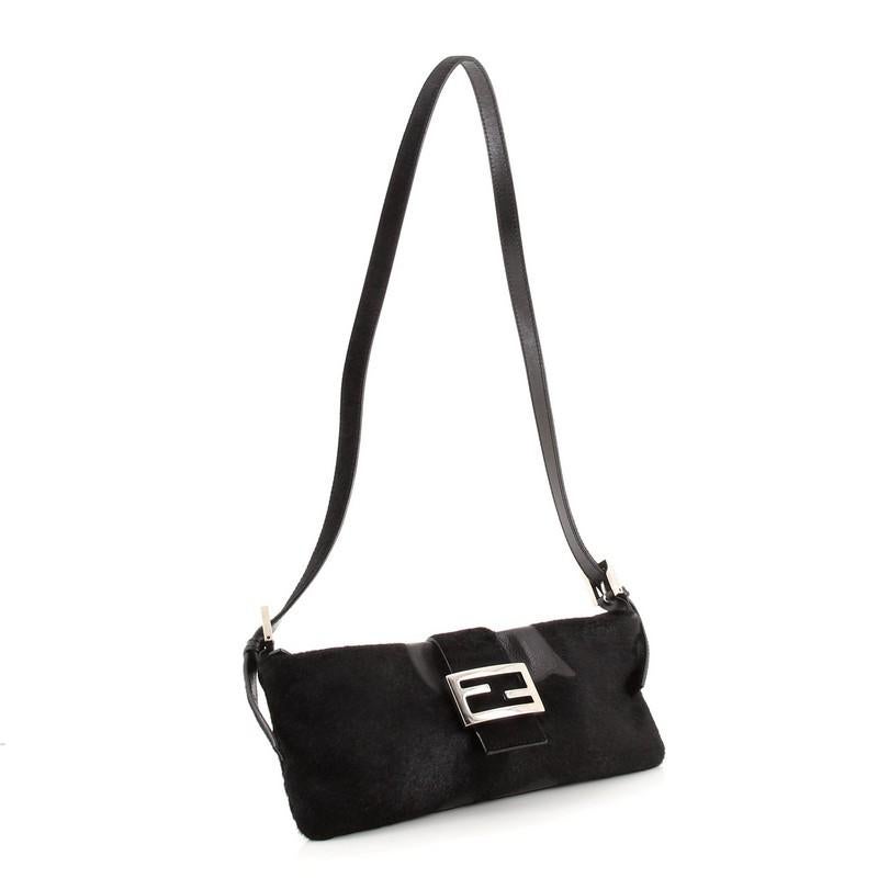 Fendi Zip Baguette Umhängetasche Patchwork Ponyhaar und Leder (Schwarz)