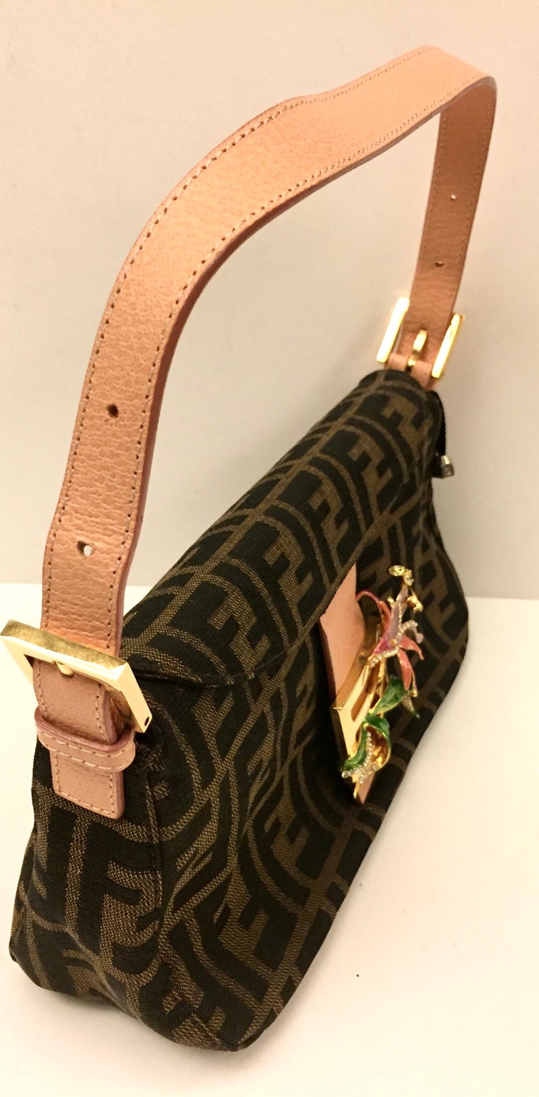 Black Fendi Zucca baguette limited edition with crystal/rhinestones orchid buckle  For Sale