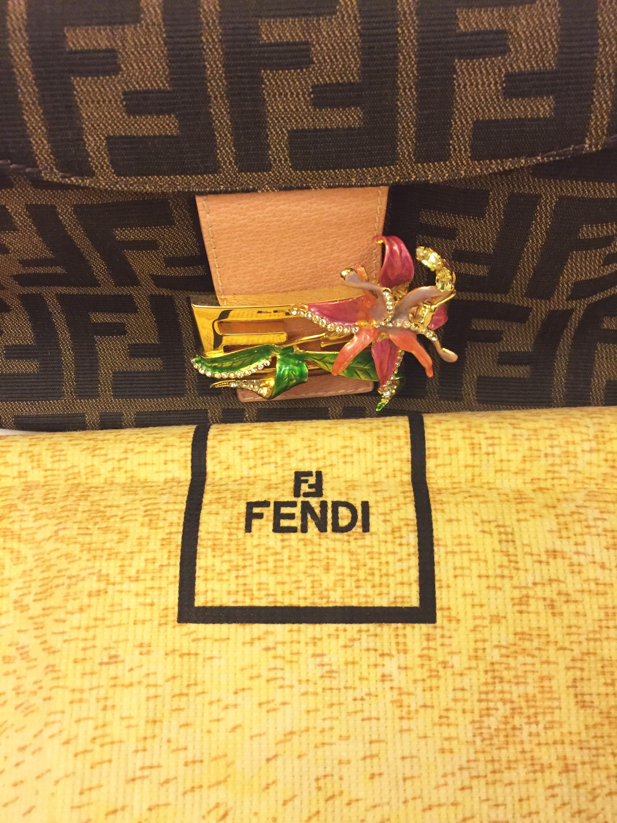 Fendi Zucca baguette limited edition with crystal/rhinestones orchid buckle  In New Condition For Sale In Sheung Wan, HK