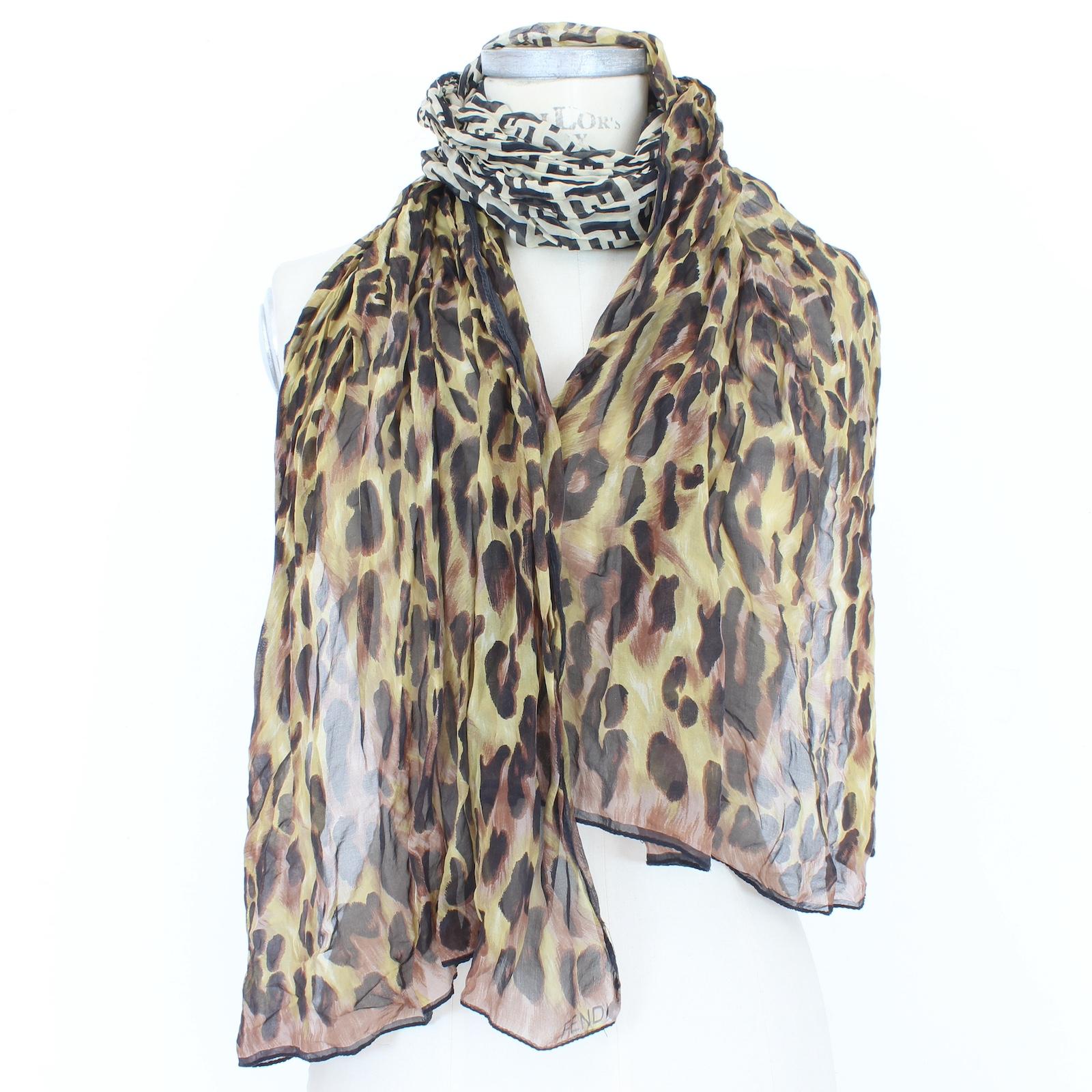 Fendi Zucca Brown Beige Silk Monogram Leopard Scarf 2000s en vente 1