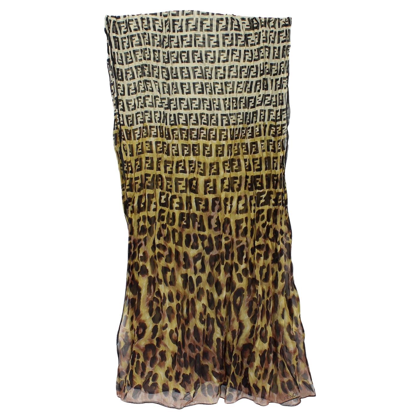 Fendi Zucca Brown Beige Silk Monogram Leopard Scarf 2000s en vente