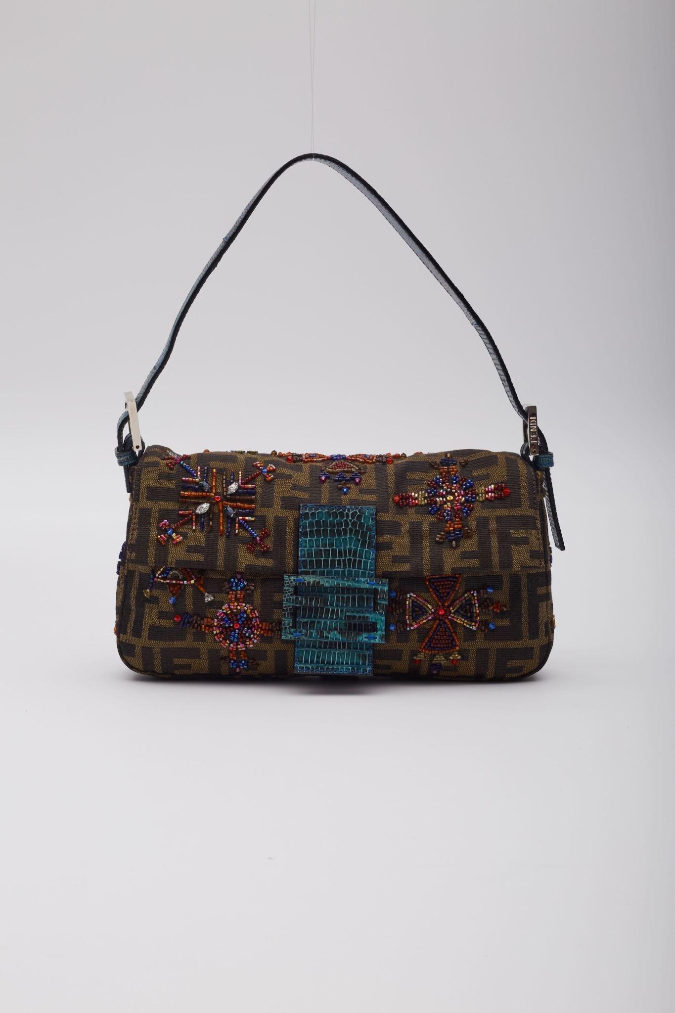 Fendi Zucca Brown Lizard Beaded Embellished Baguette Bag In Excellent Condition In Montreal, Quebec