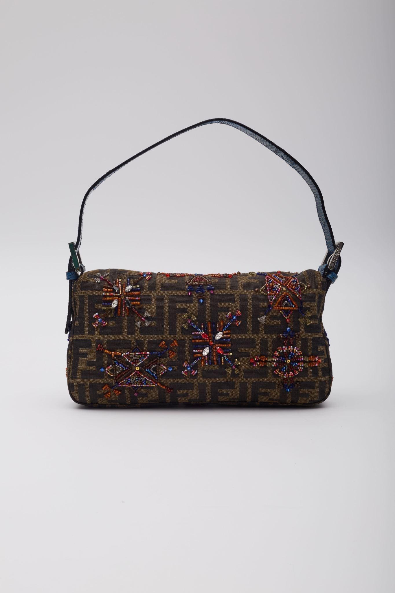 Women's Fendi Zucca Brown Lizard Beaded Embellished Baguette Bag