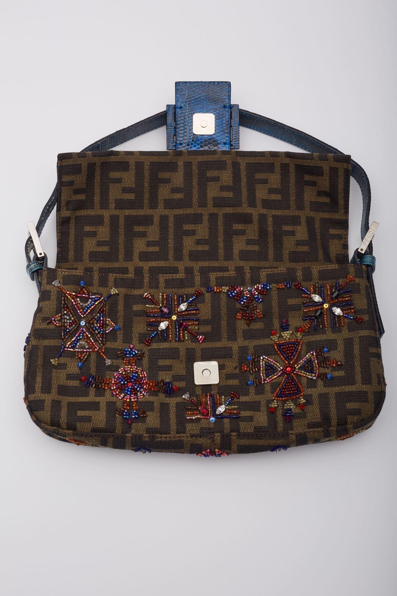 Fendi Zucca Brown Lizard Beaded Embellished Baguette Bag 2