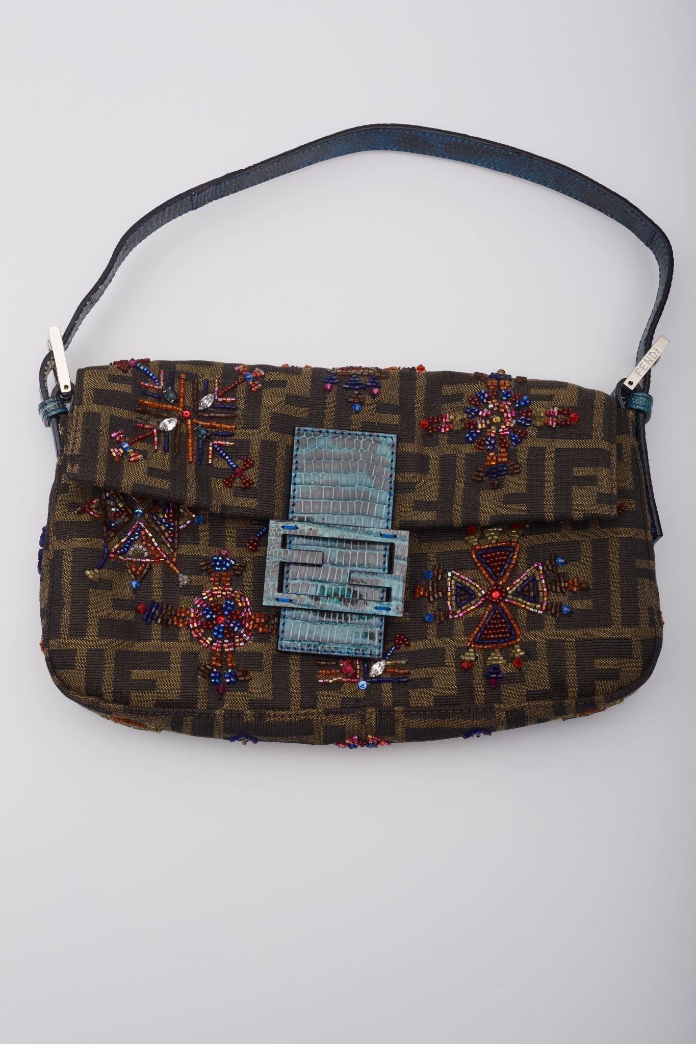 Fendi Zucca Brown Lizard Beaded Embellished Baguette Bag 3