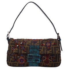 Fendi Zucca Brown Lizard Beaded Embellished Baguette Bag