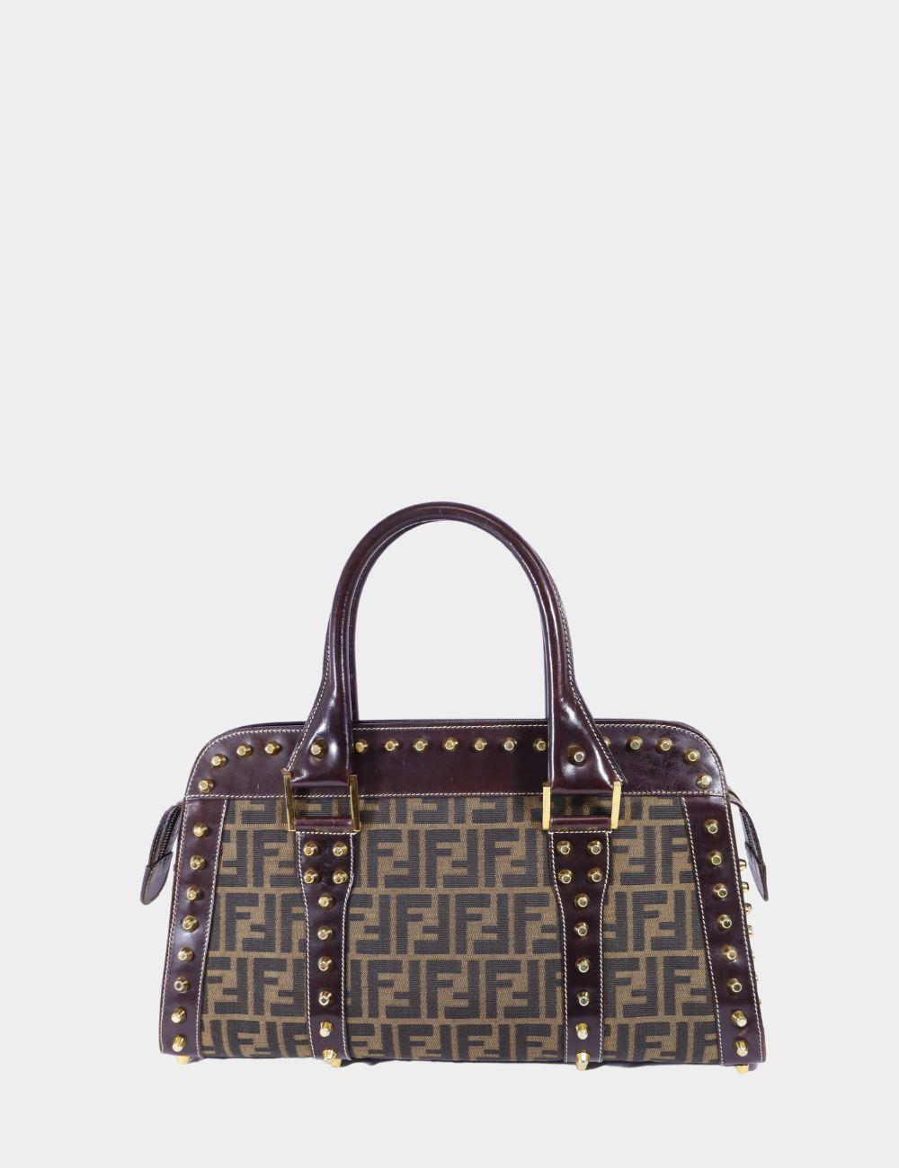 Fendi Zucca Canvas and Leather Studded Satchel Bag In Good Condition For Sale In Amman, JO