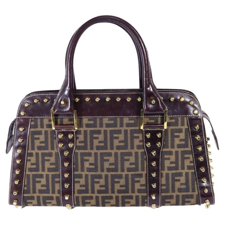 Fendi Zucca Canvas and Leather Studded Satchel Bag For Sale