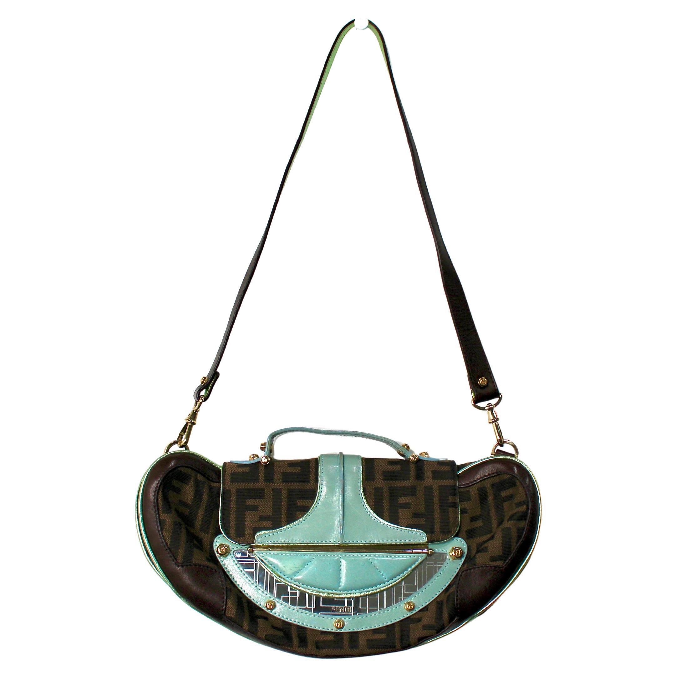 Pochette a specchio Vanity in tela e pelle Aqua di Fendi con tracolla in vendita