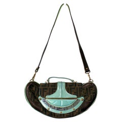 Used Fendi Zucca Canvas 
Aqua Leather Vanity Mirror Clutch Bag With Strap