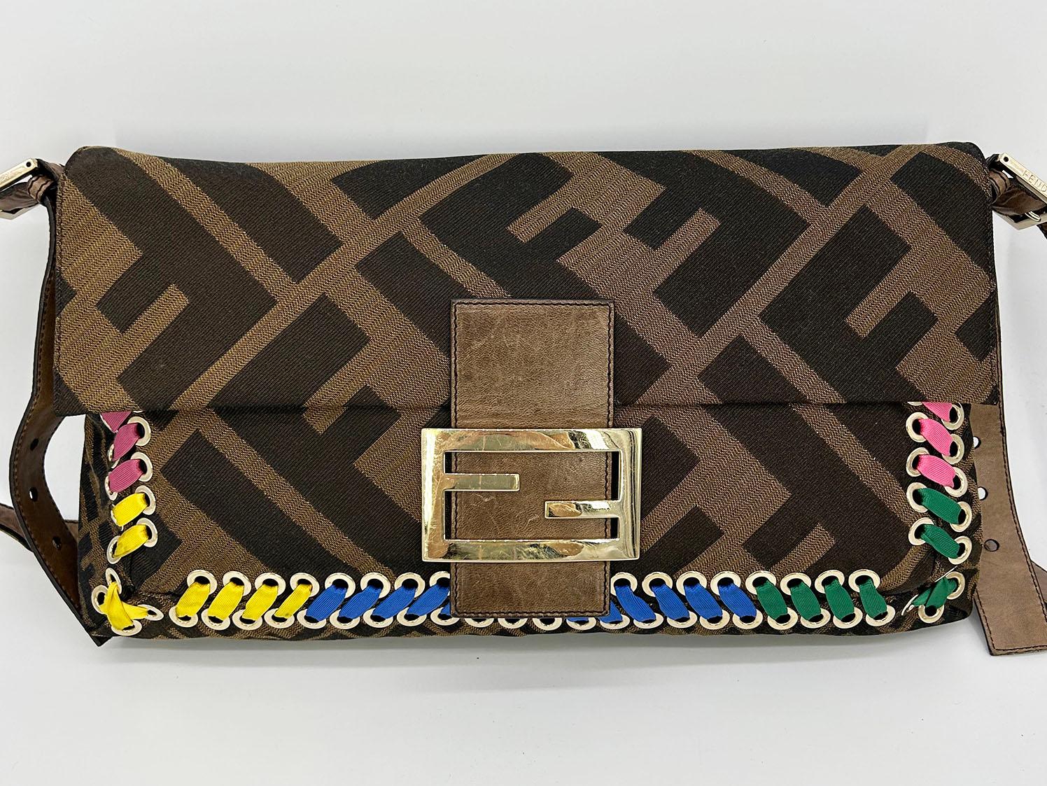 Fendi Zucca Canvas Rainbow Whipstitch XL Baguette In Good Condition For Sale In Philadelphia, PA