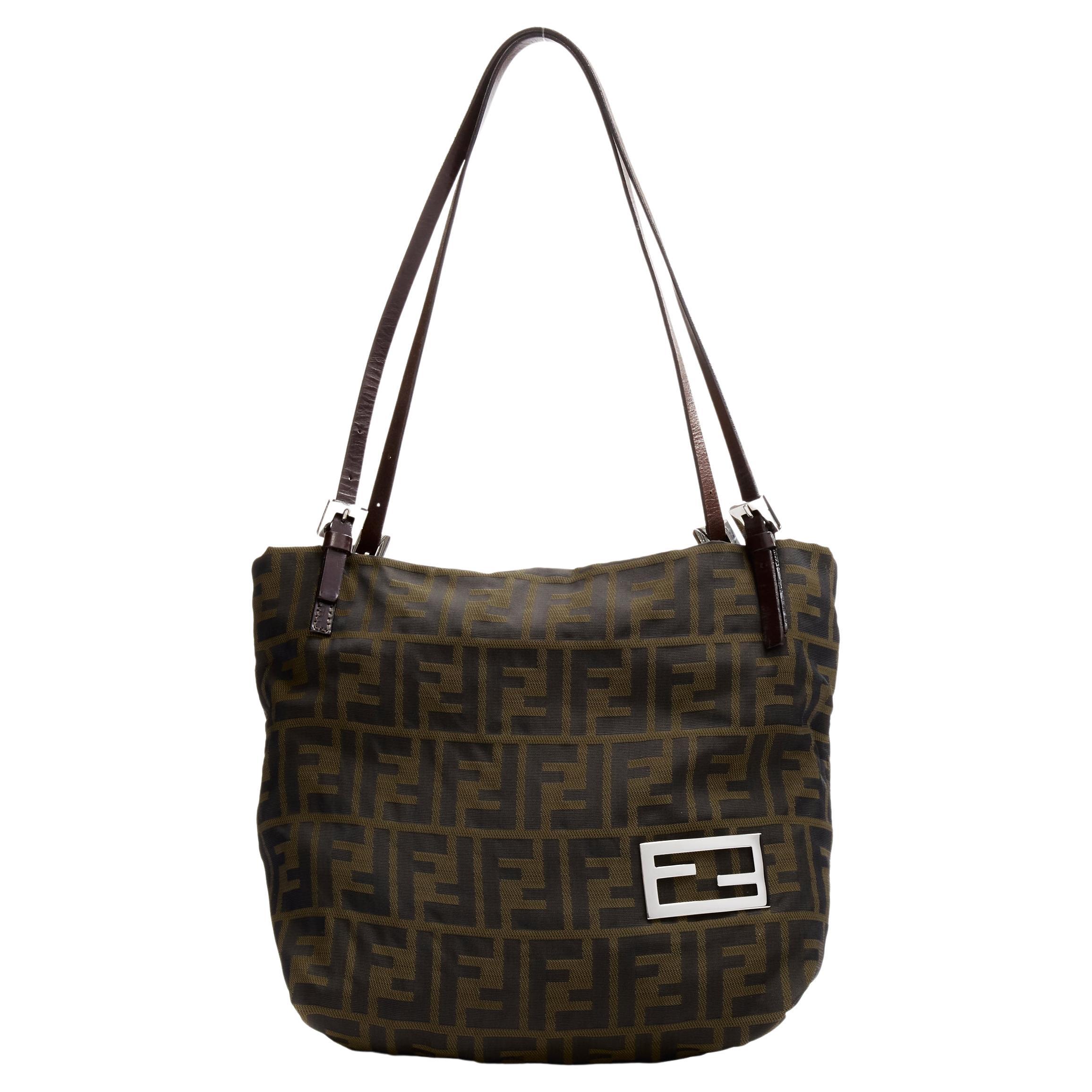 FENDI: bag in leather and embossed fabric with coated FF monogram - Tobacco