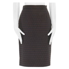 FENDI Zucca FF monogram brown cotton back vent fitted pencil skirt IT40 27"