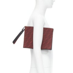 FENDI Zucca FF monogram red canvas black leather zip clutch bag