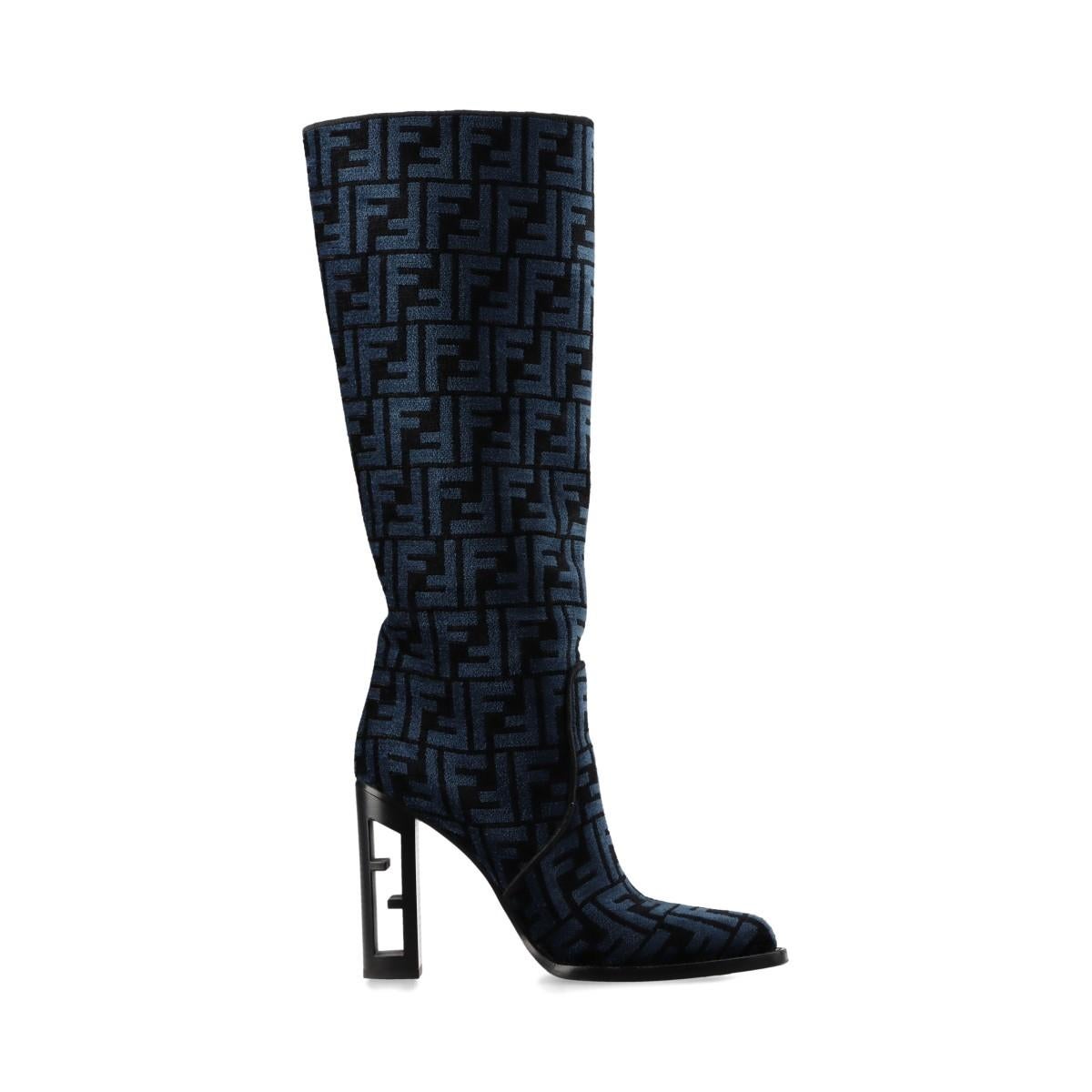 Black Fendi Zucca Jacquard Leather Long Boots Blue For Sale