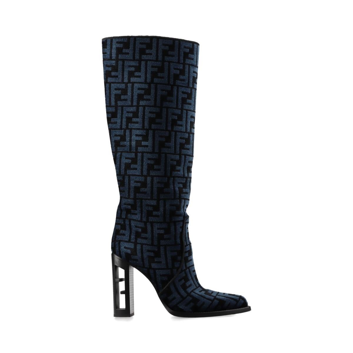 Fendi Zucca Jacquard Leather Long Boots Blue In Good Condition For Sale In Humacao, PR