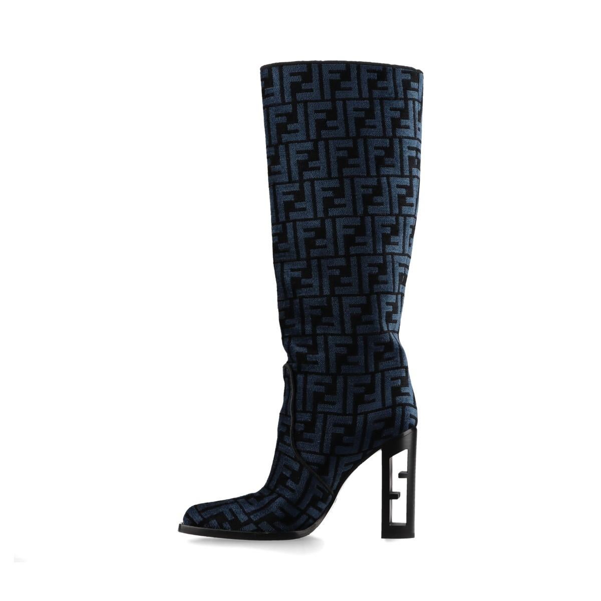 Women's Fendi Zucca Jacquard Leather Long Boots Blue For Sale