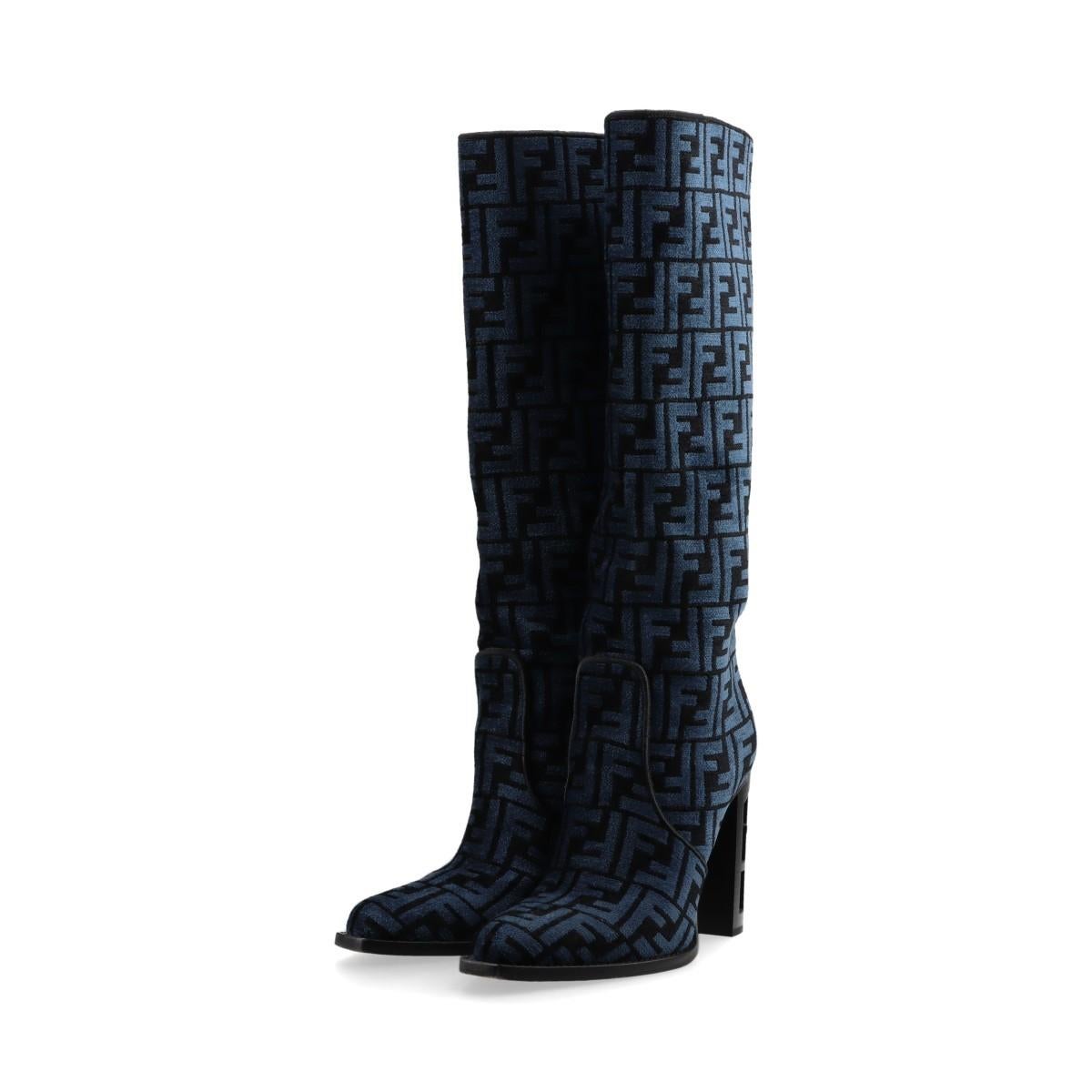 Fendi Zucca Jacquard Leather Long Boots Blue For Sale 1