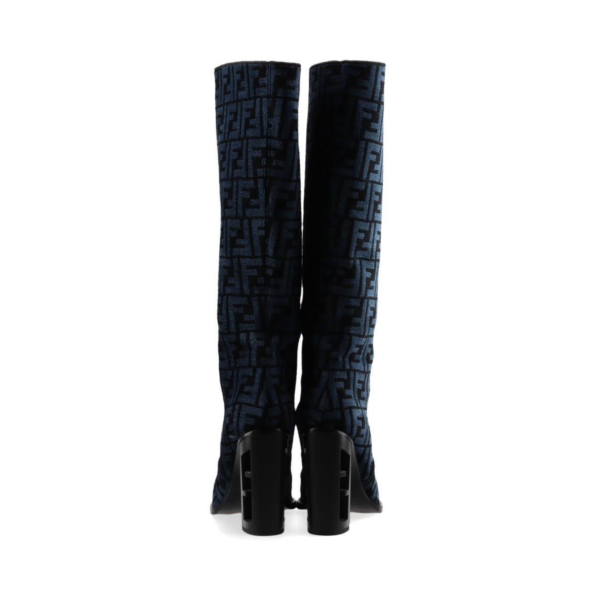 Fendi Zucca Jacquard Leather Long Boots Blue For Sale 2