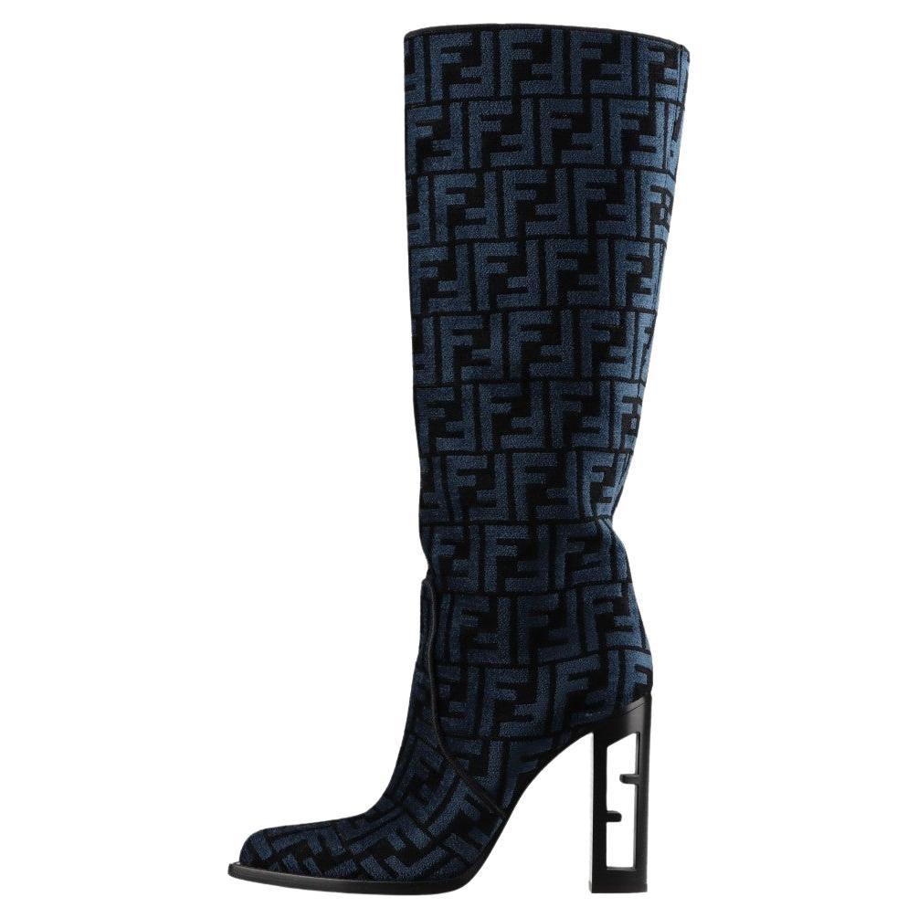 Fendi Zucca Jacquard Leather Long Boots Blue For Sale