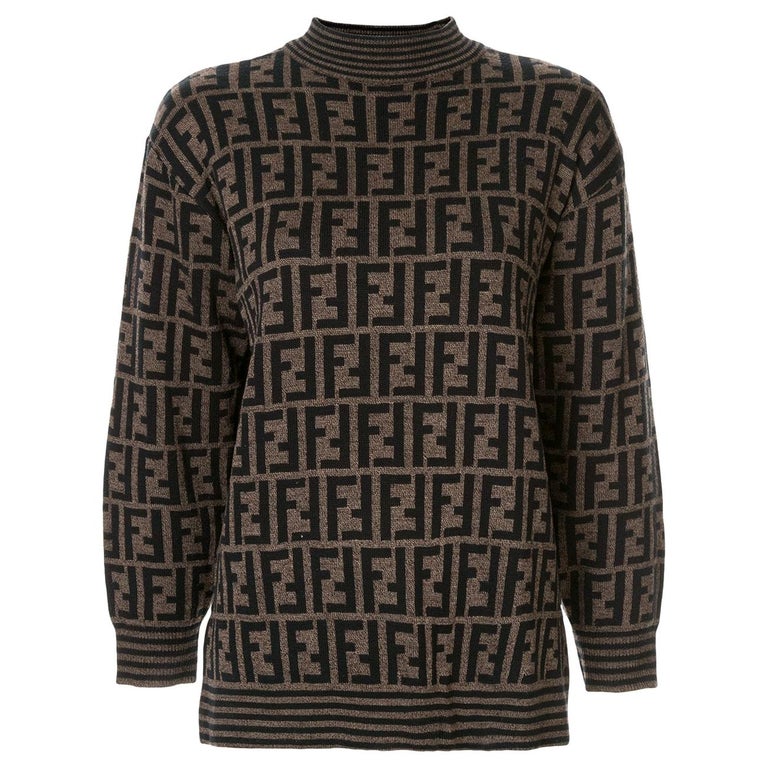 Fendi Zucca Monogram Logo Women's Logo Long Sleeve Mock Neck Sweater Shirt  at 1stDibs