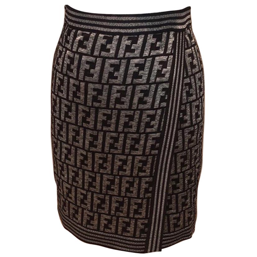 Fendi Zucca Pattern Monogram Light Wool Logo Wrap Evening Suit Pencil Skirt