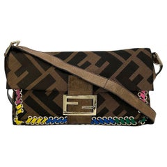 Fendi Zucca Print Canvas Rainbow Whipstitch Trim XL Baguette Shoulder Bag